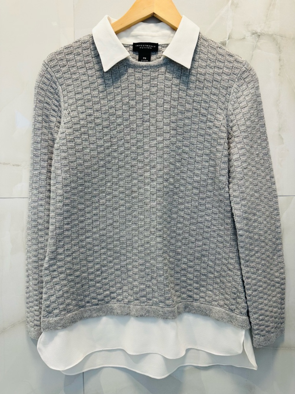 Investments Petites Grey Knit Crewneck Sweater with White Mock Collar